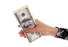 Pile Of Dollar S Banknotes In Female Hand Royalty Free Stock Photography