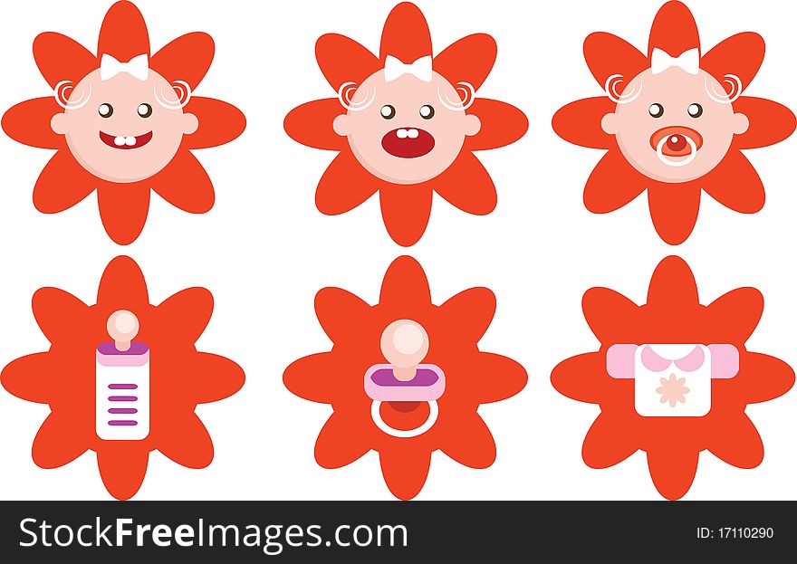 Flower Girls Icons Vector Set dress food faces