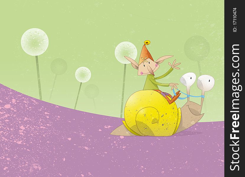 A happy pixie rides upon a friendly snail as they travel amongst tall dandelions. Perhaps they are moving house!. A happy pixie rides upon a friendly snail as they travel amongst tall dandelions. Perhaps they are moving house!