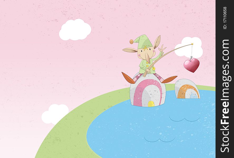 A happy pixie waves as he sits at the top of a hill, fishing in a magical pool with a love heart. Ideal for valentines!. A happy pixie waves as he sits at the top of a hill, fishing in a magical pool with a love heart. Ideal for valentines!