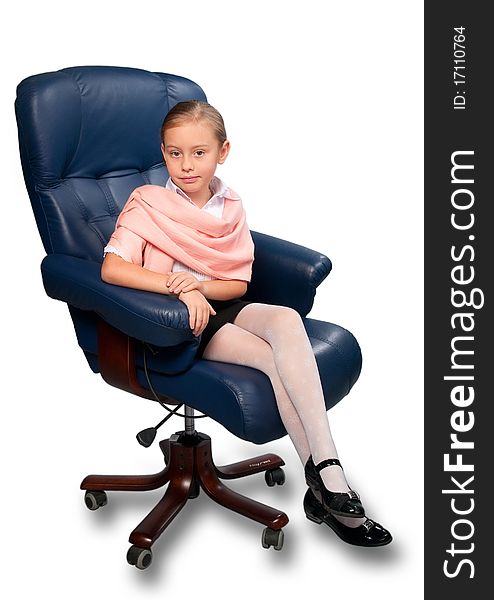 Portrait of attractive little girl sitting on office chair, isolated on white. Portrait of attractive little girl sitting on office chair, isolated on white.