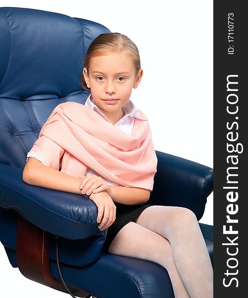 Portrait of attractive little girl sitting on office chair, isolated on white. Portrait of attractive little girl sitting on office chair, isolated on white.