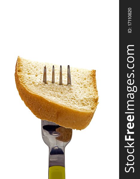 Piece of bread on the fork isolated white 1