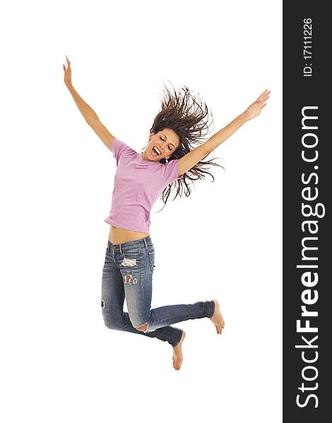 Cute Young Woman With Jeans Jumping