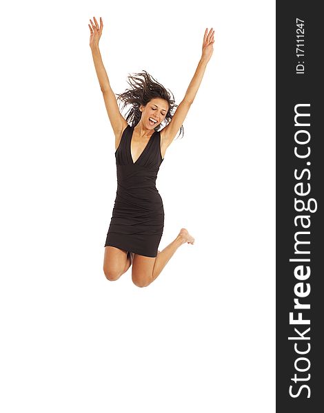 Cute Young Woman With Black Dress Jumping