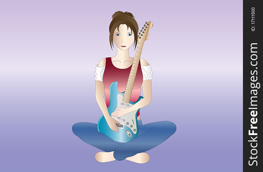 Young girl with electric guitar on light background. Young girl with electric guitar on light background