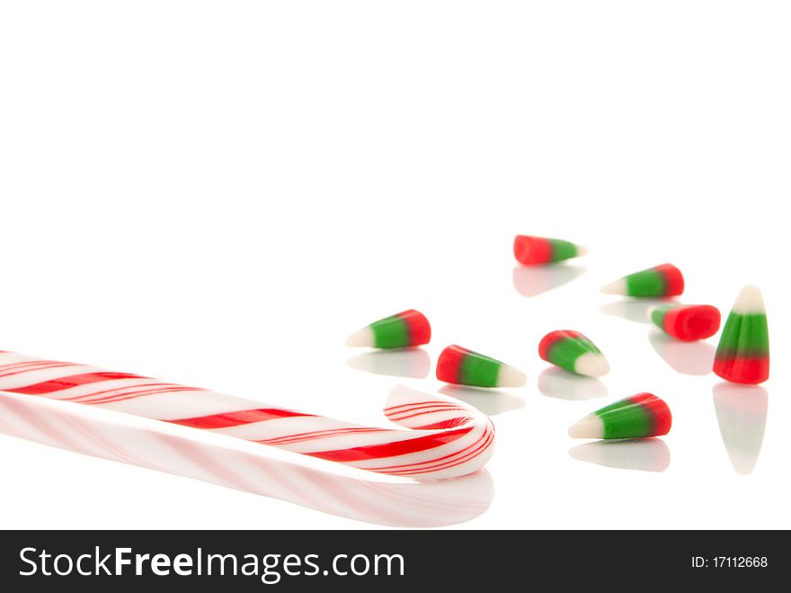 New 2011 christmas candy cane and candycorns isolated on a white background. New 2011 christmas candy cane and candycorns isolated on a white background