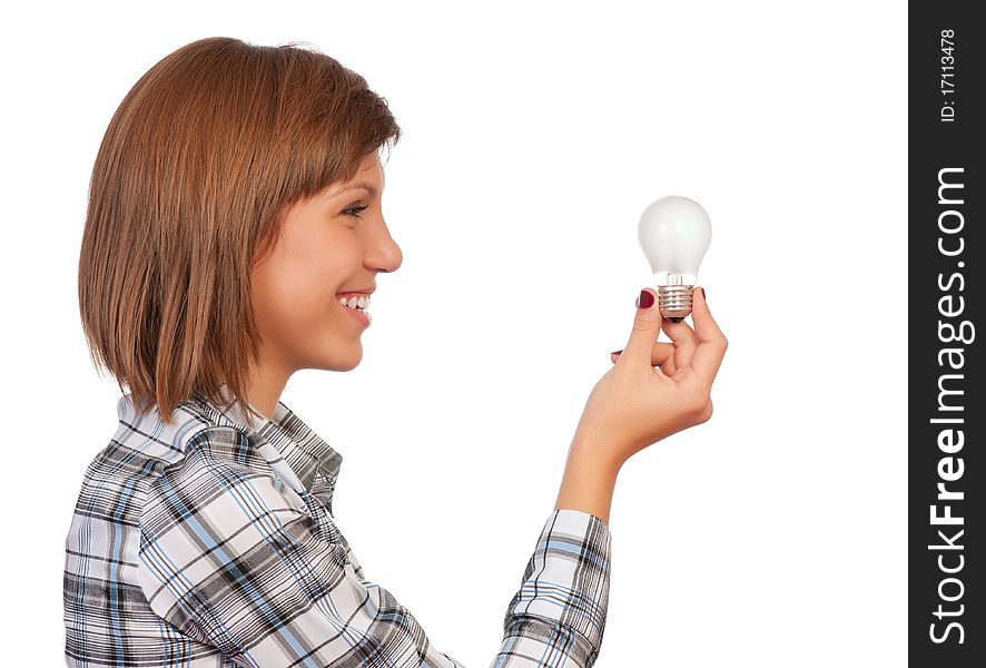 Portrait of a beautiful teenage girl with bulb. Isolated on white background.