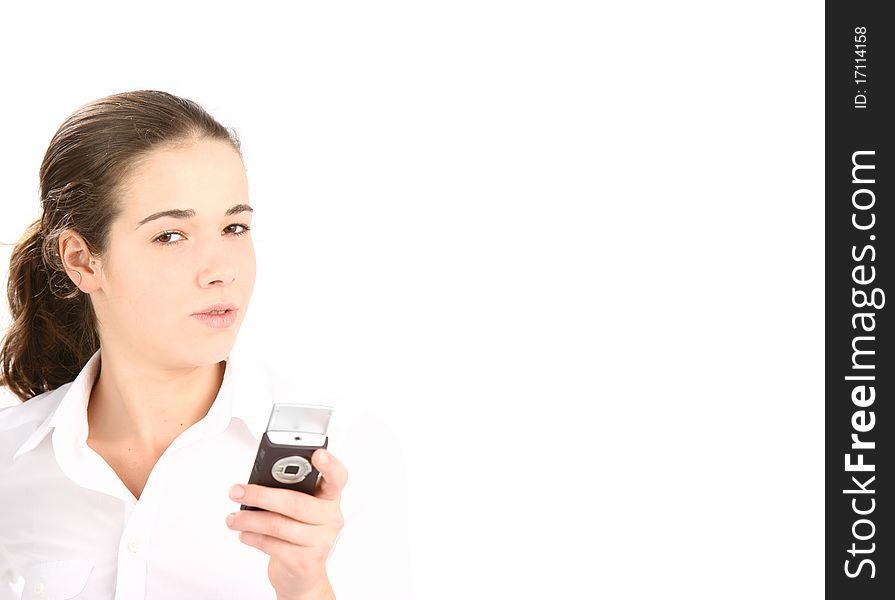 Portrait of beautiful business woman using cell phone with shallow depth feild