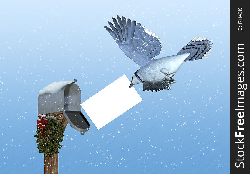 A bluejay brings a special delivery to a rural mailbox decorated with a Christmas wreath - 3D render with digital painting. The envelope is left blank for your message. A bluejay brings a special delivery to a rural mailbox decorated with a Christmas wreath - 3D render with digital painting. The envelope is left blank for your message.