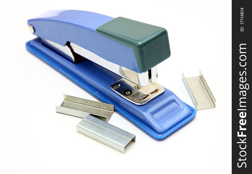 Blue strip stapler isolated on white background