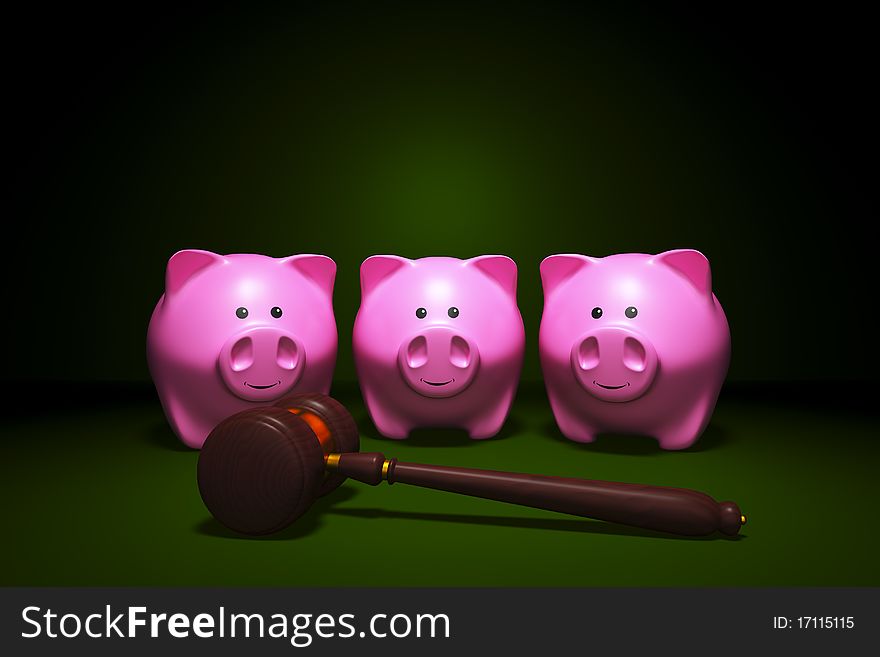 Three pink piggy banks with gavel on dark green background that allows for copyspace. Three pink piggy banks with gavel on dark green background that allows for copyspace.