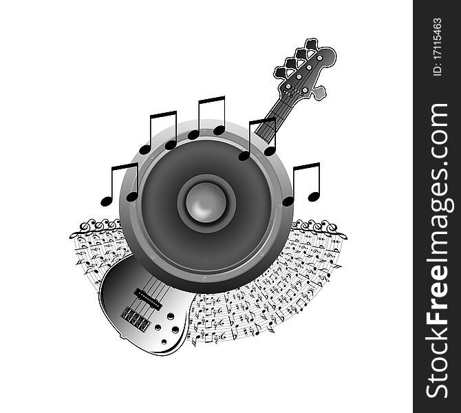 The guitar and speaker with music notes in isolate computer generated. The guitar and speaker with music notes in isolate computer generated