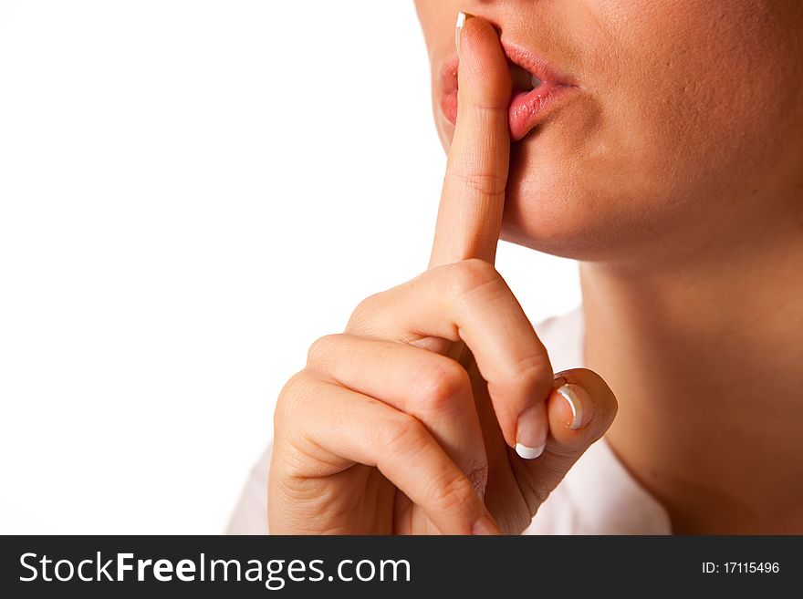 Shh woman mouth finger on white background. Shh woman mouth finger on white background