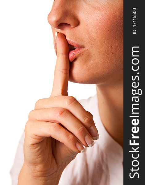 Shh woman mouth finger on white background. Shh woman mouth finger on white background