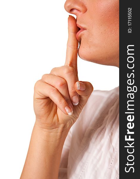 Shh woman mouth finger on white background. Shh woman mouth finger on white background