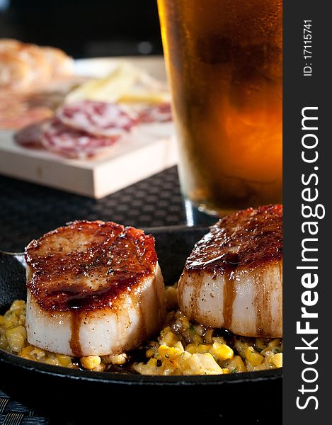 Pan seared scallops over fresh corn