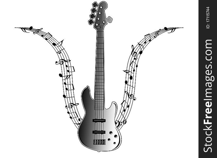 The guitar with music notes banner in isolate computer generated. The guitar with music notes banner in isolate computer generated