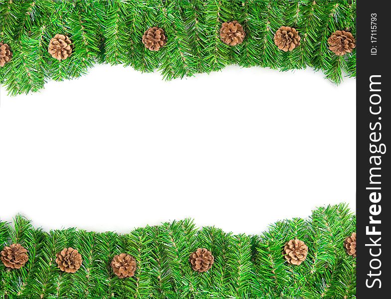 Christmas green framework with Pine needles and cones isolated on white background