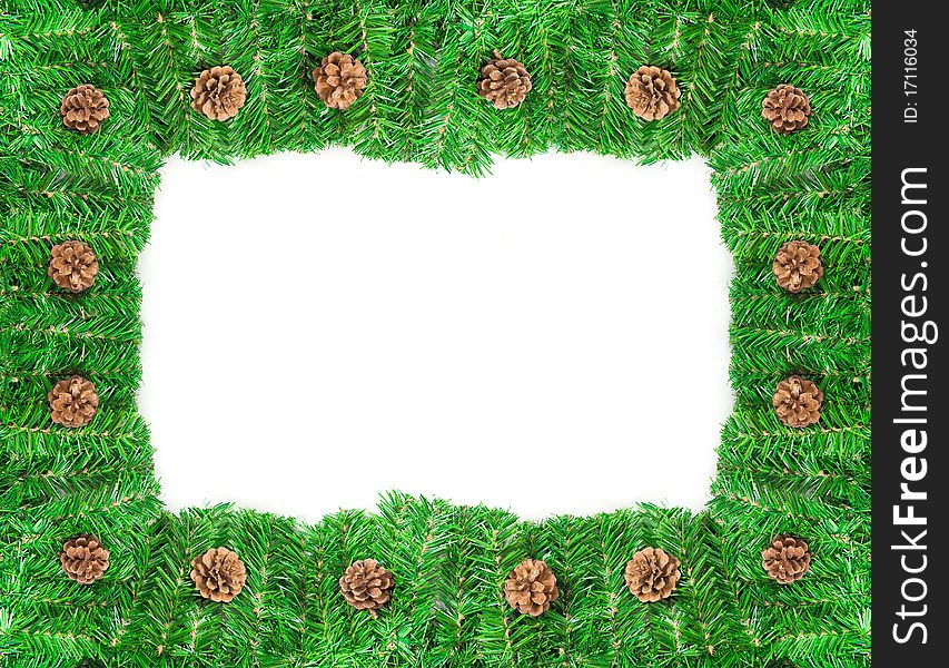 Christmas green framework with Pine needles and cones isolated on white background. Christmas green framework with Pine needles and cones isolated on white background
