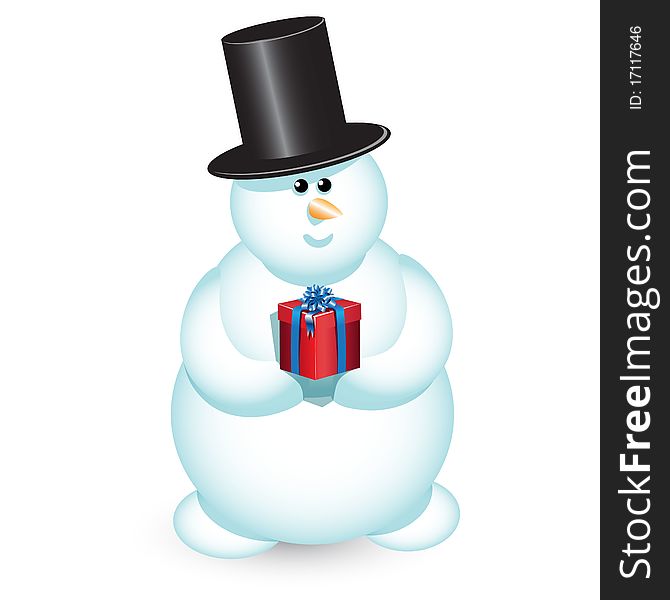 Illustration, new year's snowman in hat on white background