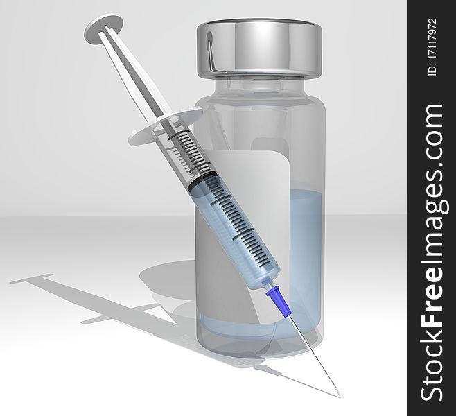 Syringe and jar with blue fluid