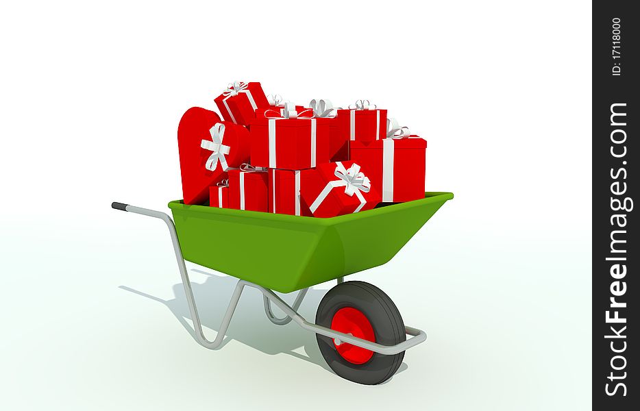 Wheelbarrow filled with red presents. Wheelbarrow filled with red presents