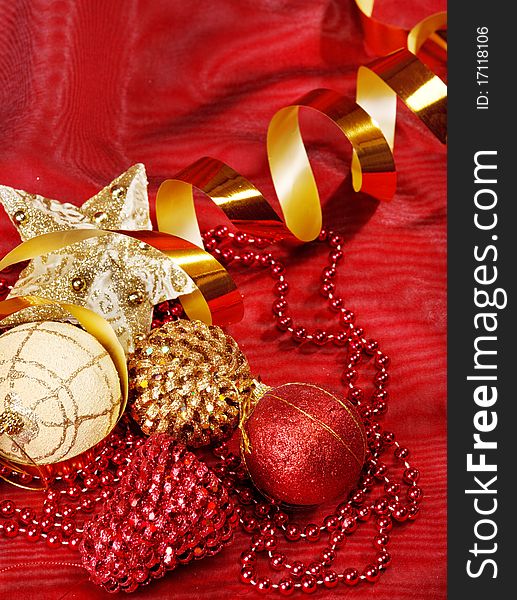 Christmas accessories on red fabric