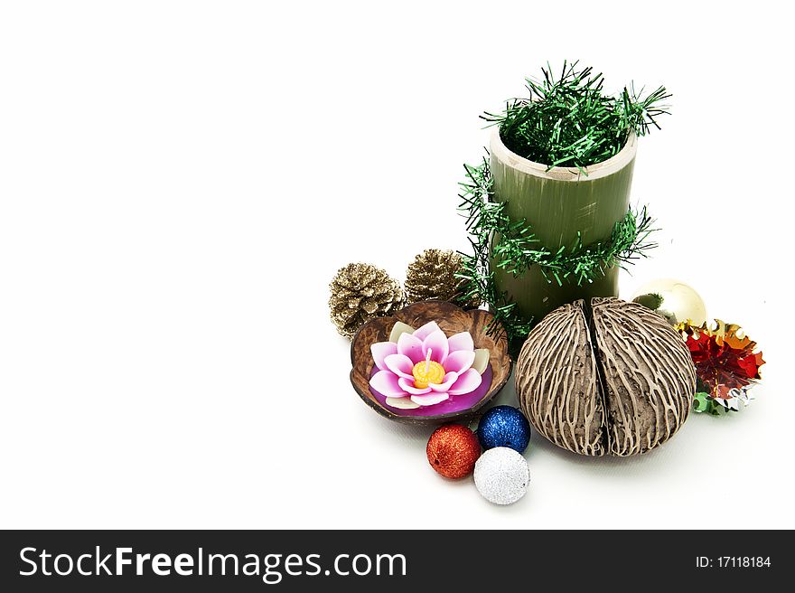 Floating candle in coconut shell with bamboo glass and fresh egg basket