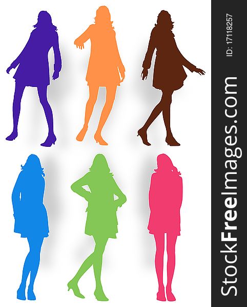6 colorful silhouettes of posing women. 6 colorful silhouettes of posing women