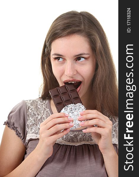 Woman eat chocolate