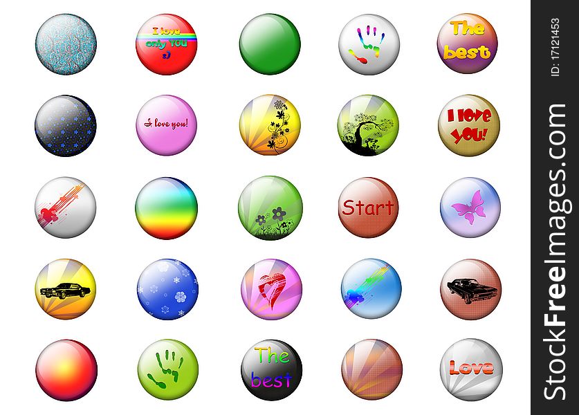 Bright buttons on a white background with different drawings