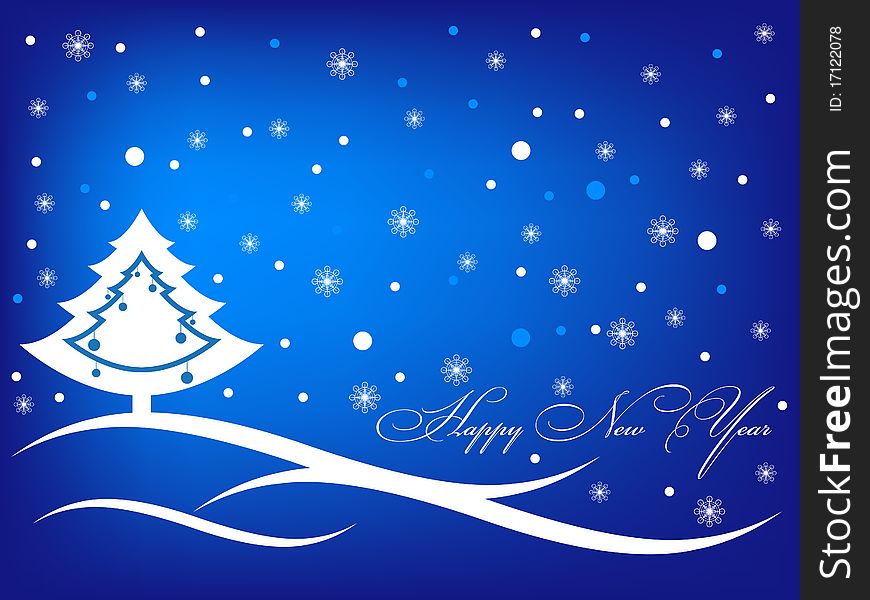 Happy new year blue greeting inscription card with christmas tree and snowflakes. Vector illustration