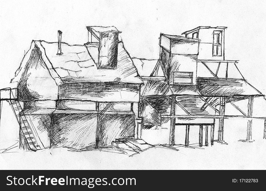 Vintage mill. Grungy old building. Hand drawing