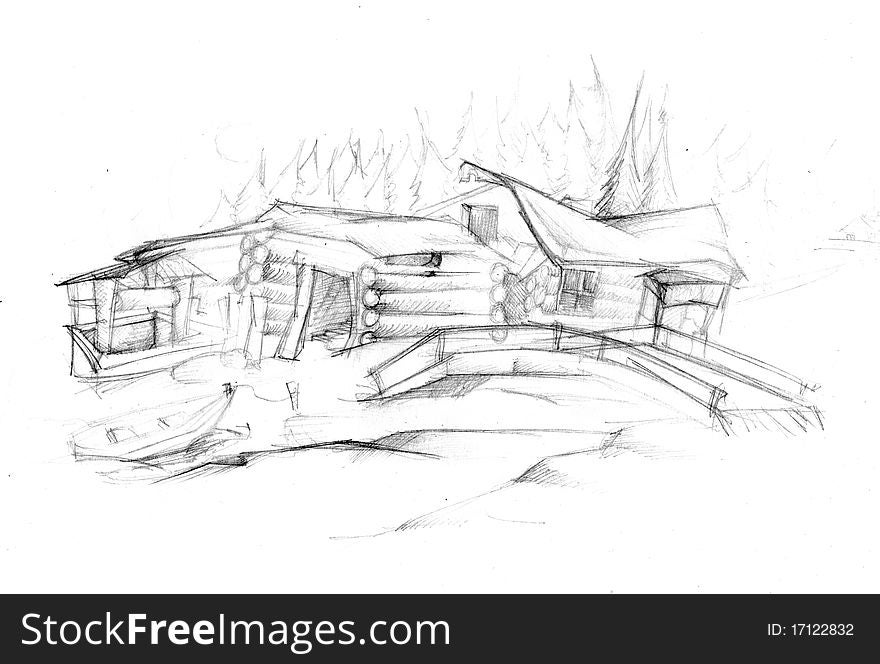 Wooden house ( logs ). Grungy old building. Hand drawing