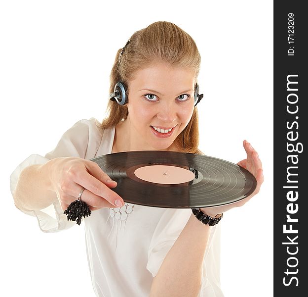 Young girl with a vinyl record and headphones. Young girl with a vinyl record and headphones