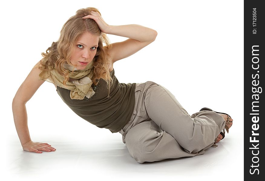 Portrait of fashionable girl in dress khakis on white. Portrait of fashionable girl in dress khakis on white