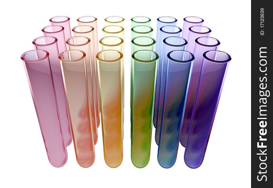 A set of multi colour test tubes against a white background