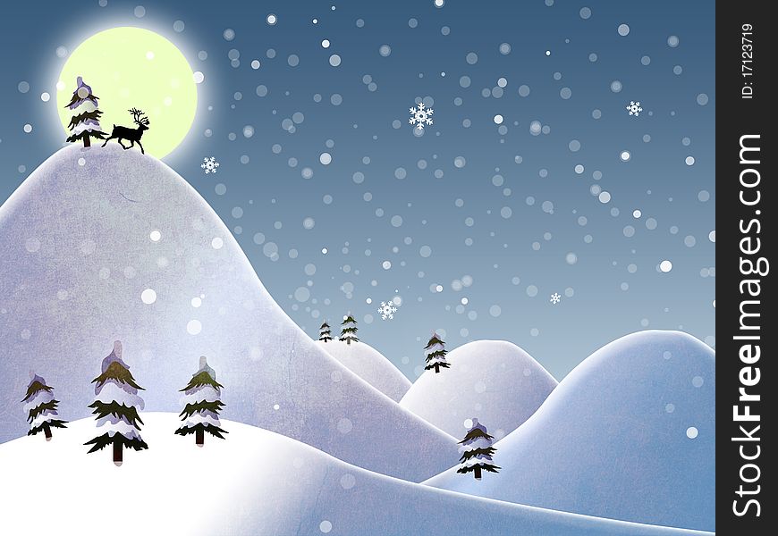 Christmas landscape and reindeer on a moon