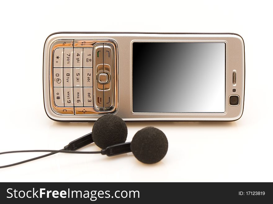 Silver mobile phone isolated on white background.