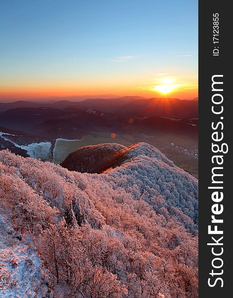 A frosty sunset in hoarfrost landscape with sun.