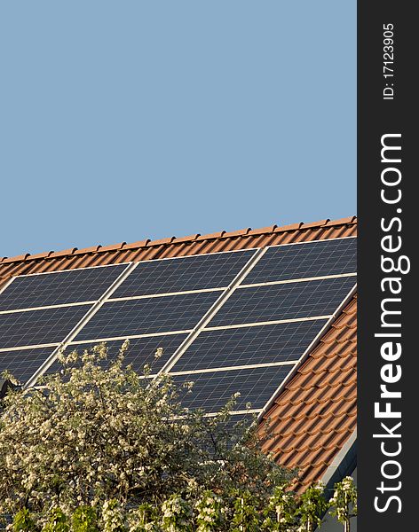 Solar or photovoltaic panels on a roof. Solar or photovoltaic panels on a roof