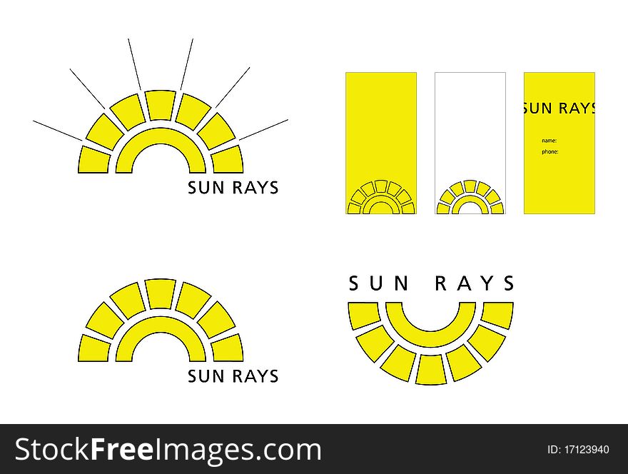 Three variations of simple logo reflecting sunrays along with business card. . Three variations of simple logo reflecting sunrays along with business card.