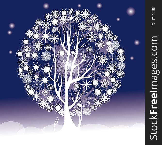 White tree on the starry winter background with decorative snowflakes. White tree on the starry winter background with decorative snowflakes