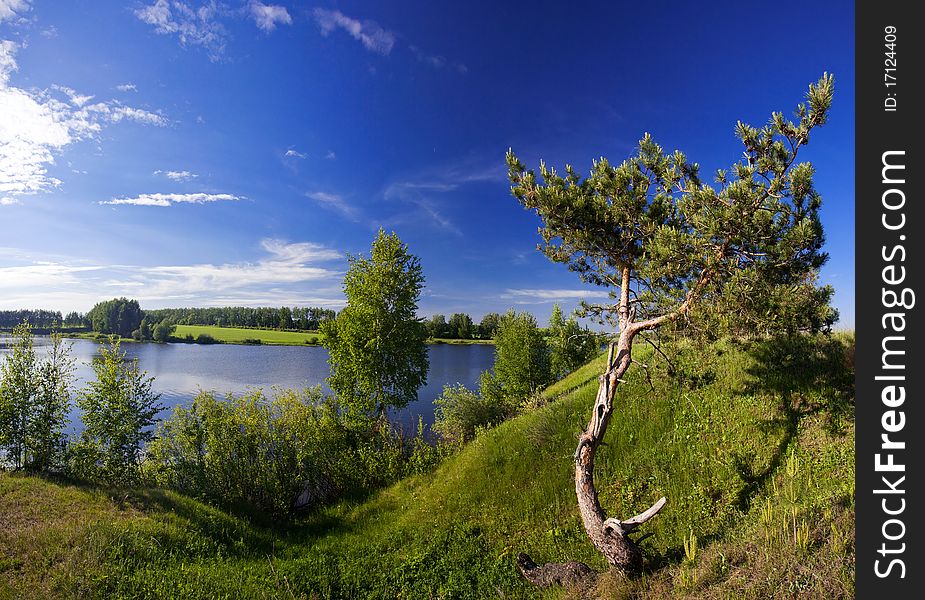 Landscape of lake from high in sunny day. Landscape of lake from high in sunny day