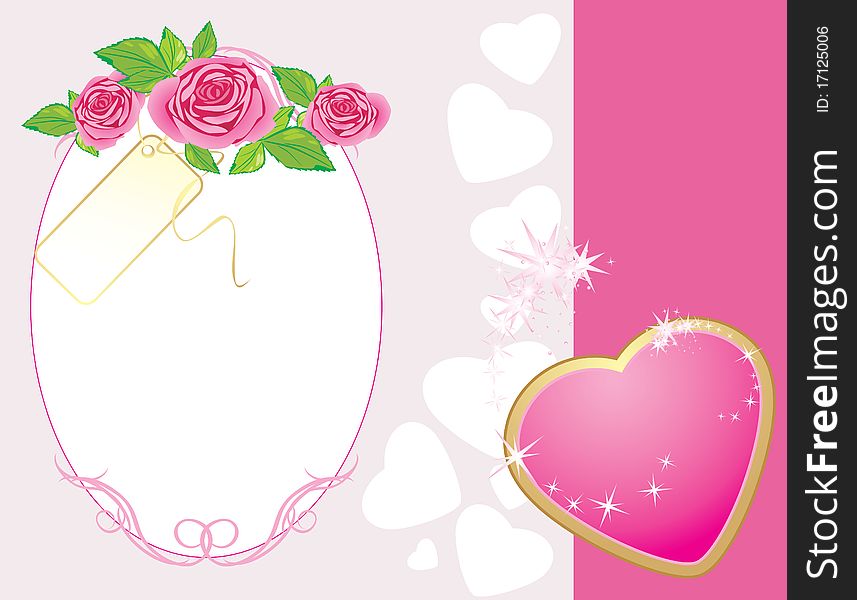Bouquet of pink roses with heart. Valentines card. Illustration