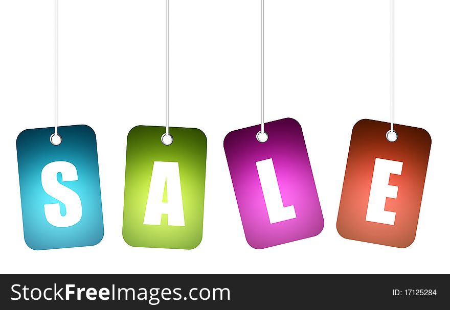 Blue, green, purple and red hanging sale advertisement over white background.
