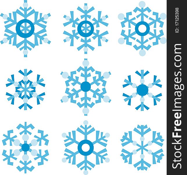 Blue snowflakes of different shapes