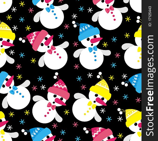 Black background with colored snowmen