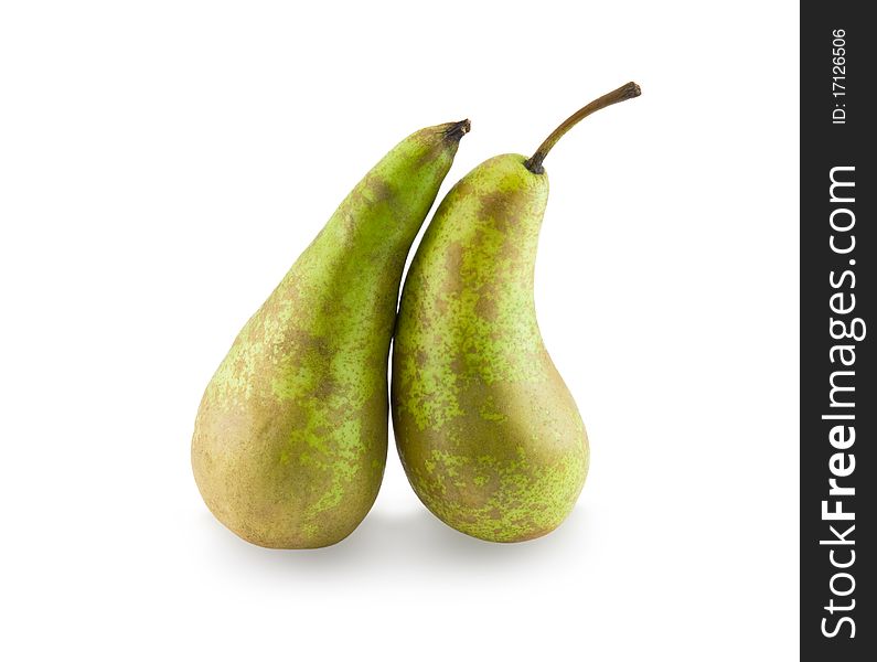 Two green pears on a white background.